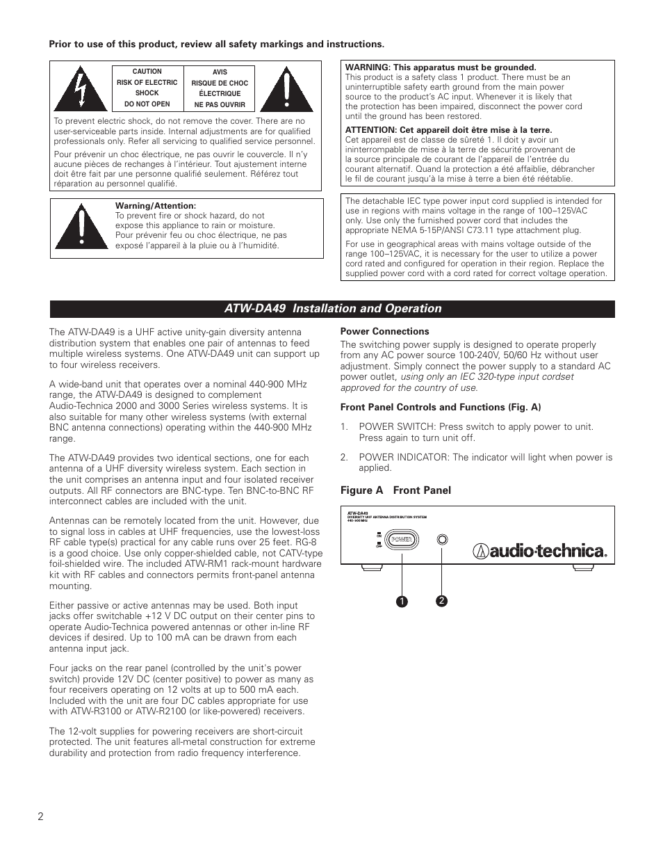 Atw-da49 installation and operation | Audio-Technica ATW-DA49 User Manual | Page 2 / 4