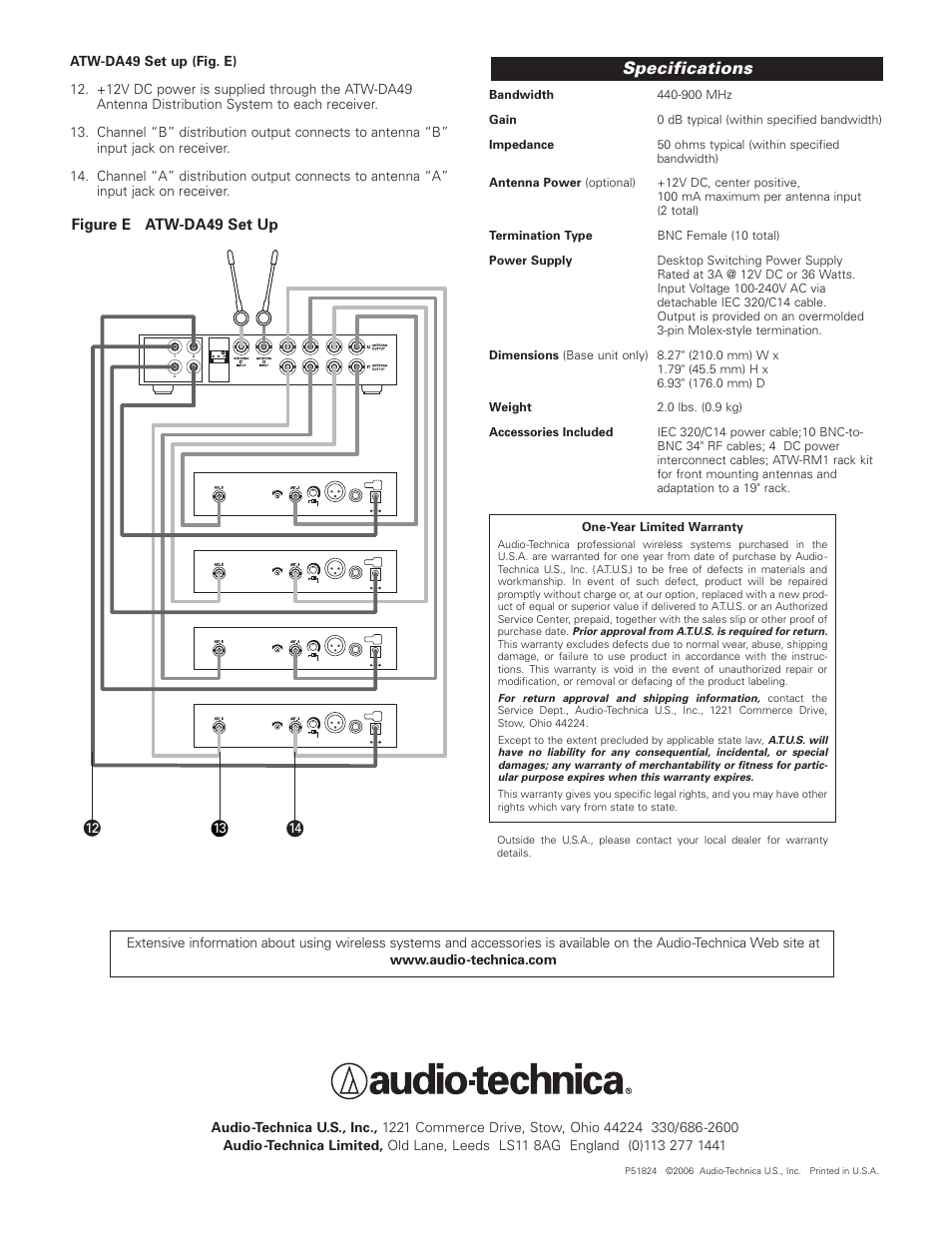 Specifications | Audio-Technica ATW-DA49 User Manual | Page 4 / 4