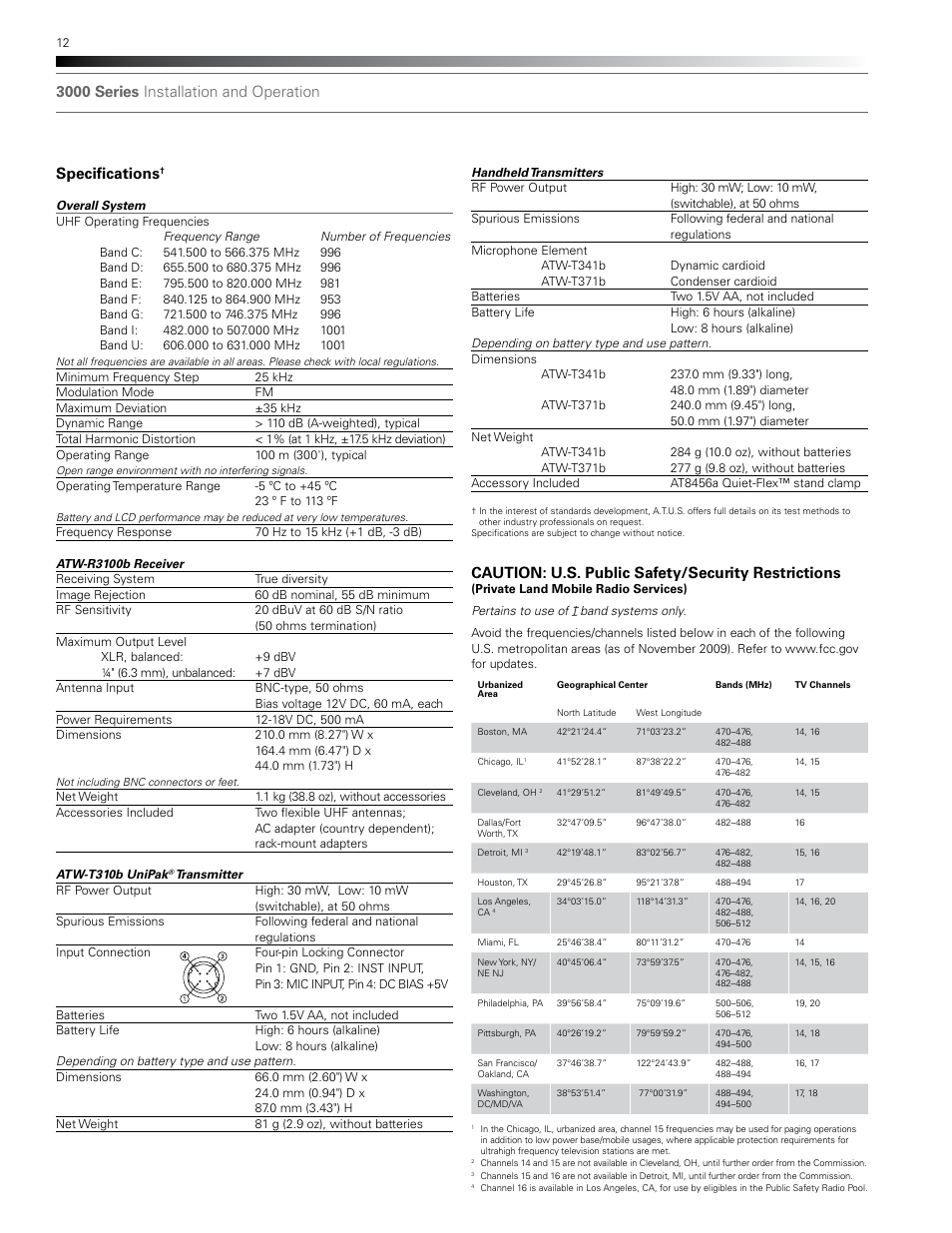 Caution: u.s. public safety/security restrictions | Audio-Technica ATW-T310B User Manual | Page 12 / 16