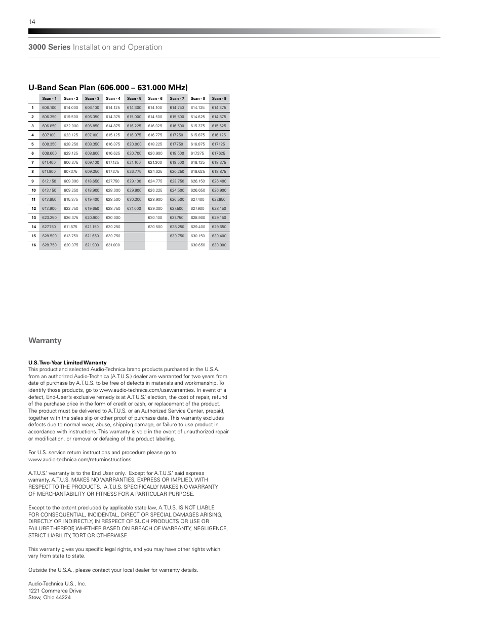 3000 series installation and operation warranty | Audio-Technica ATW-T310B User Manual | Page 14 / 16