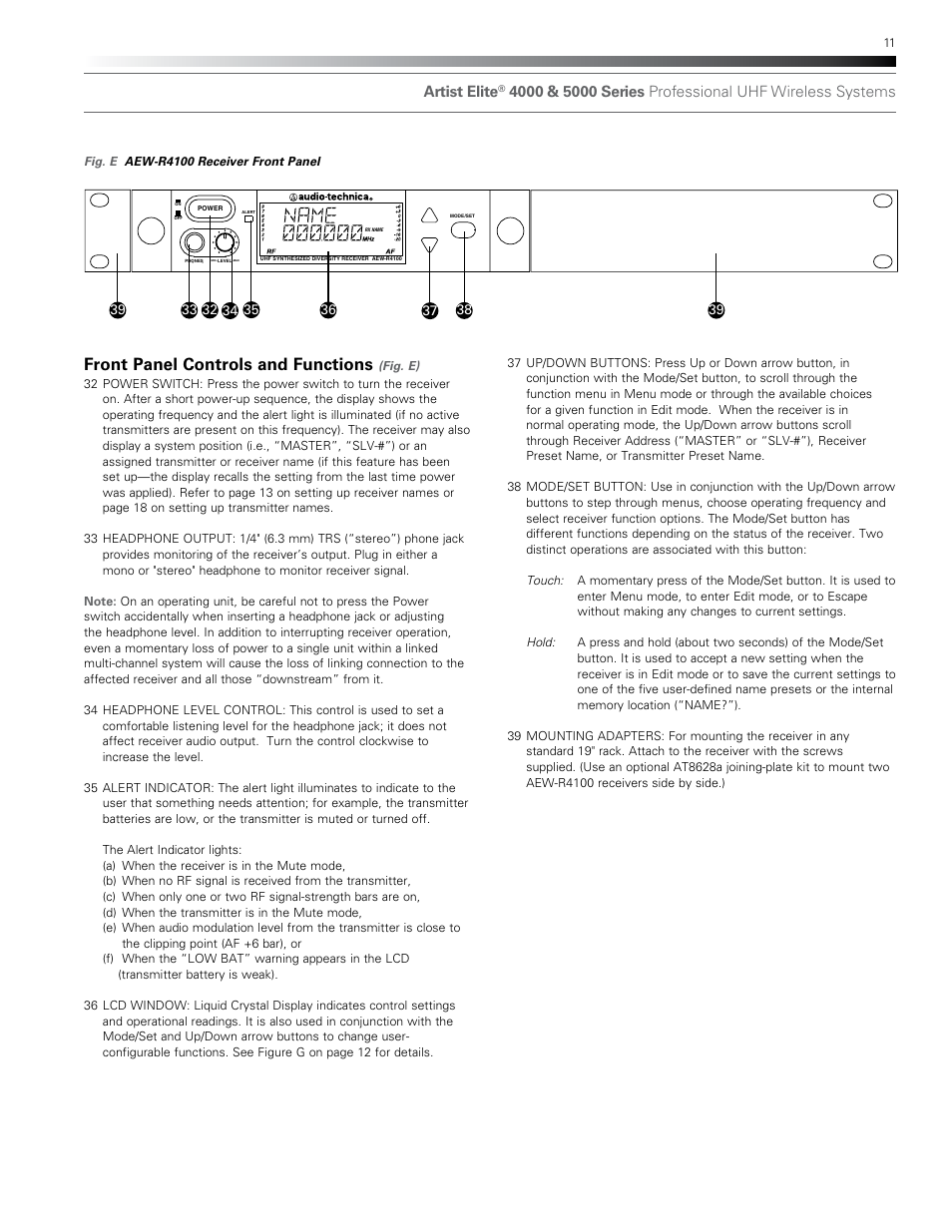 Front panel controls and functions, Artist elite | Audio-Technica AEW-T1000A User Manual | Page 11 / 28