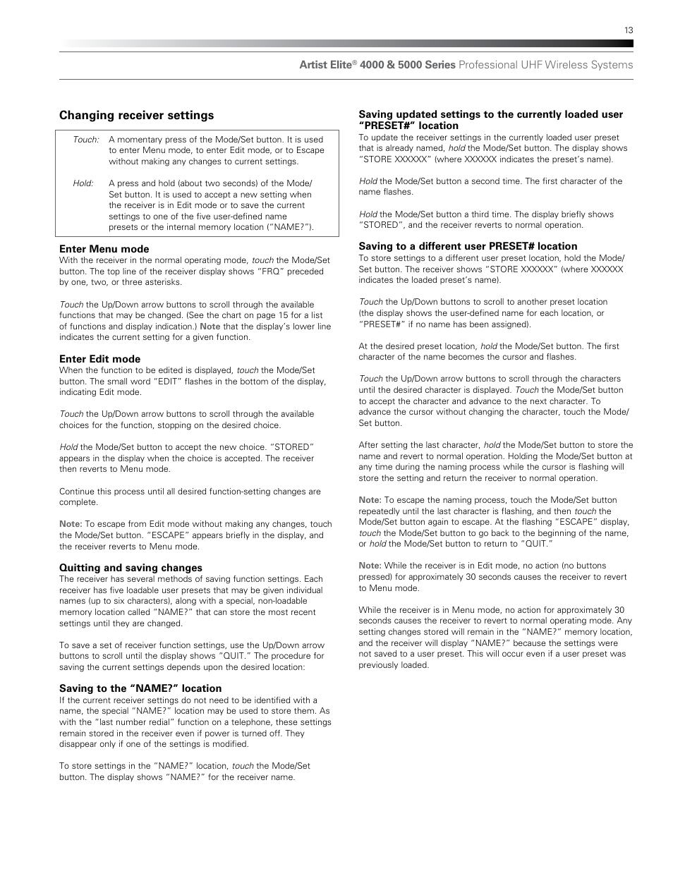 Changing receiver settings | Audio-Technica AEW-T1000A User Manual | Page 13 / 28