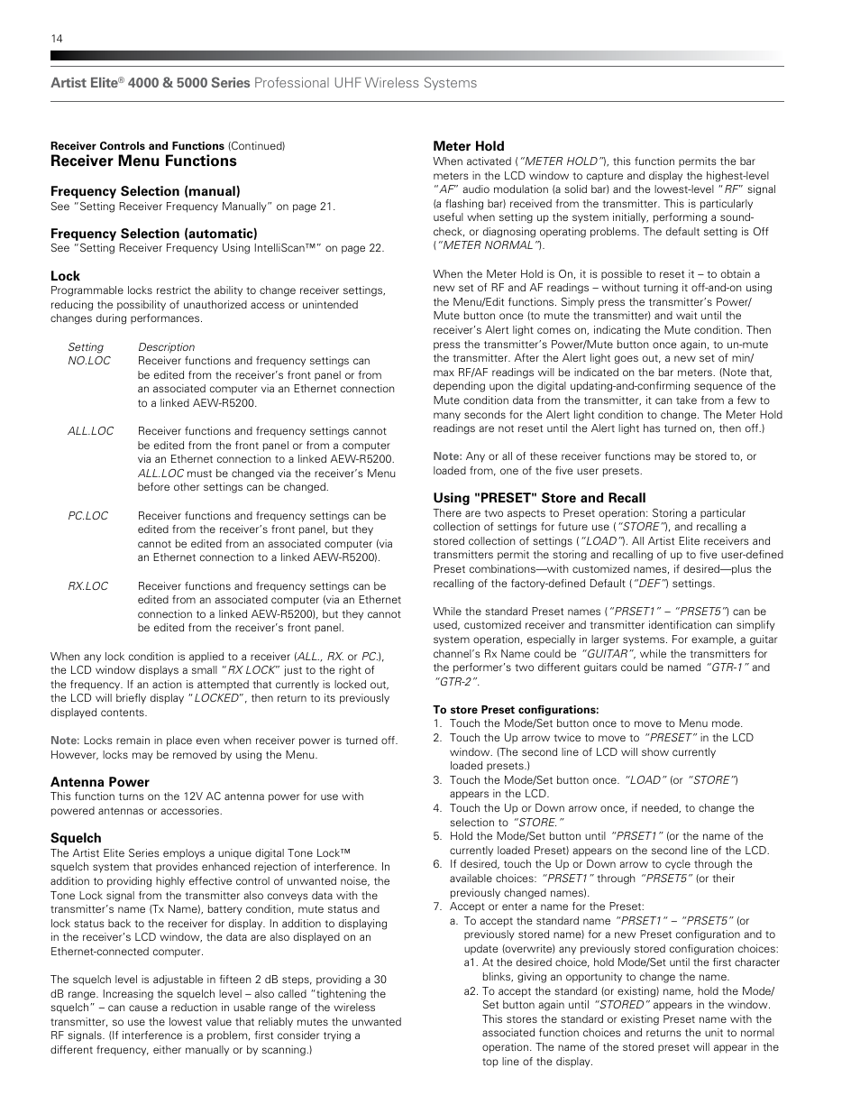 Receiver menu functions | Audio-Technica AEW-T1000A User Manual | Page 14 / 28