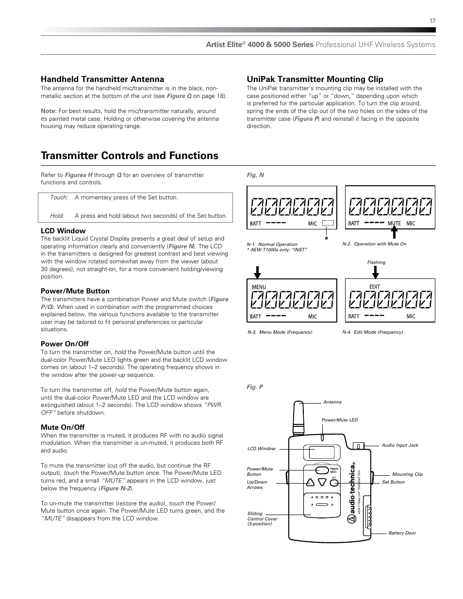 Transmitter controls and functions, Handheld transmitter antenna, Unipak transmitter mounting clip | Artist elite | Audio-Technica AEW-T1000A User Manual | Page 17 / 28