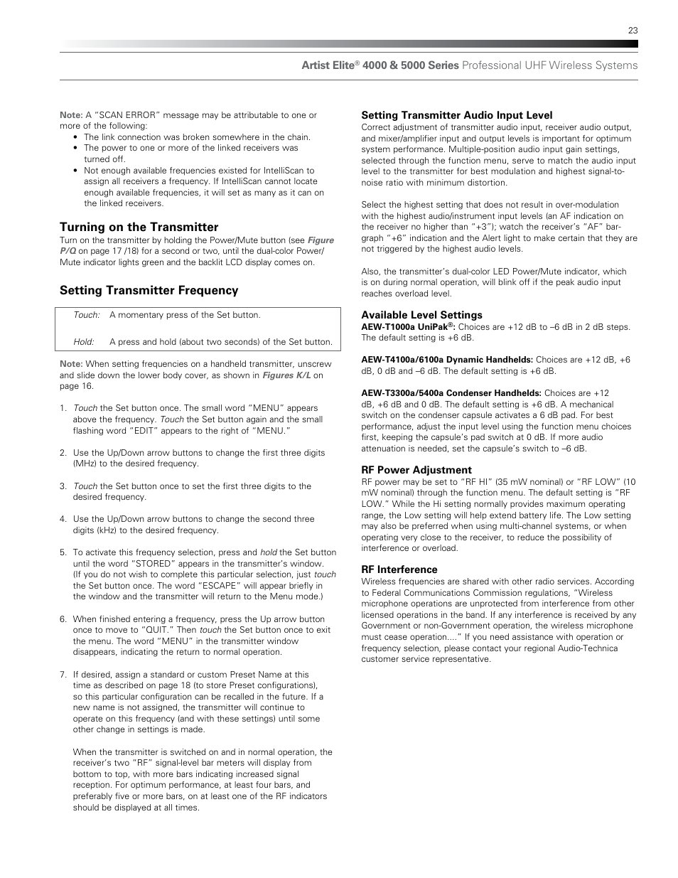 Turning on the transmitter, Setting transmitter frequency | Audio-Technica AEW-T1000A User Manual | Page 23 / 28