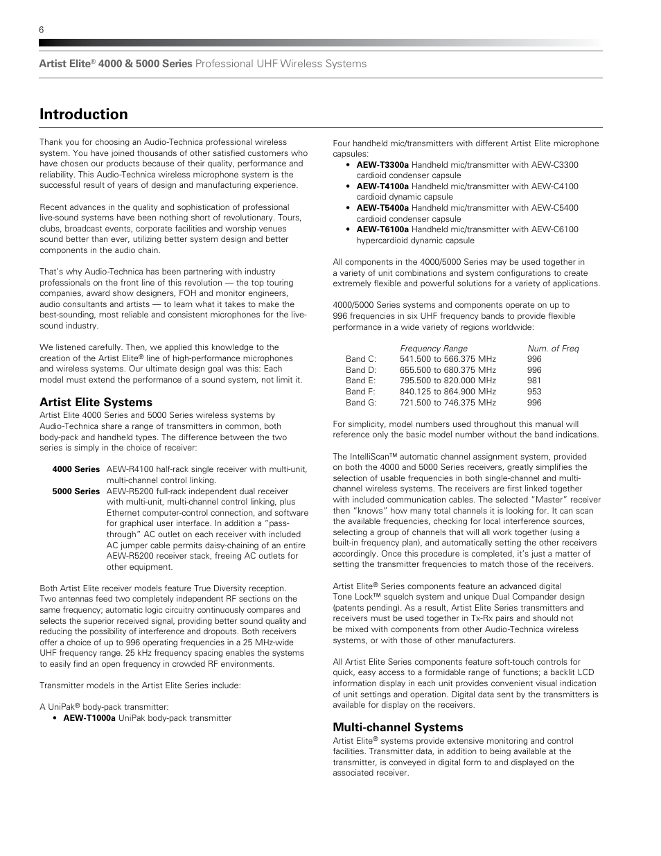 Introduction, Multi-channel systems, Artist elite systems | Audio-Technica AEW-T1000A User Manual | Page 6 / 28