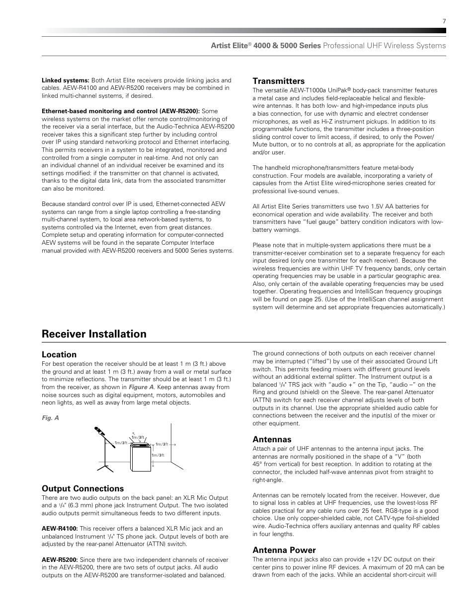 Receiver installation, Location, Output connections | Transmitters, Antennas, Antenna power | Audio-Technica AEW-T1000A User Manual | Page 7 / 28