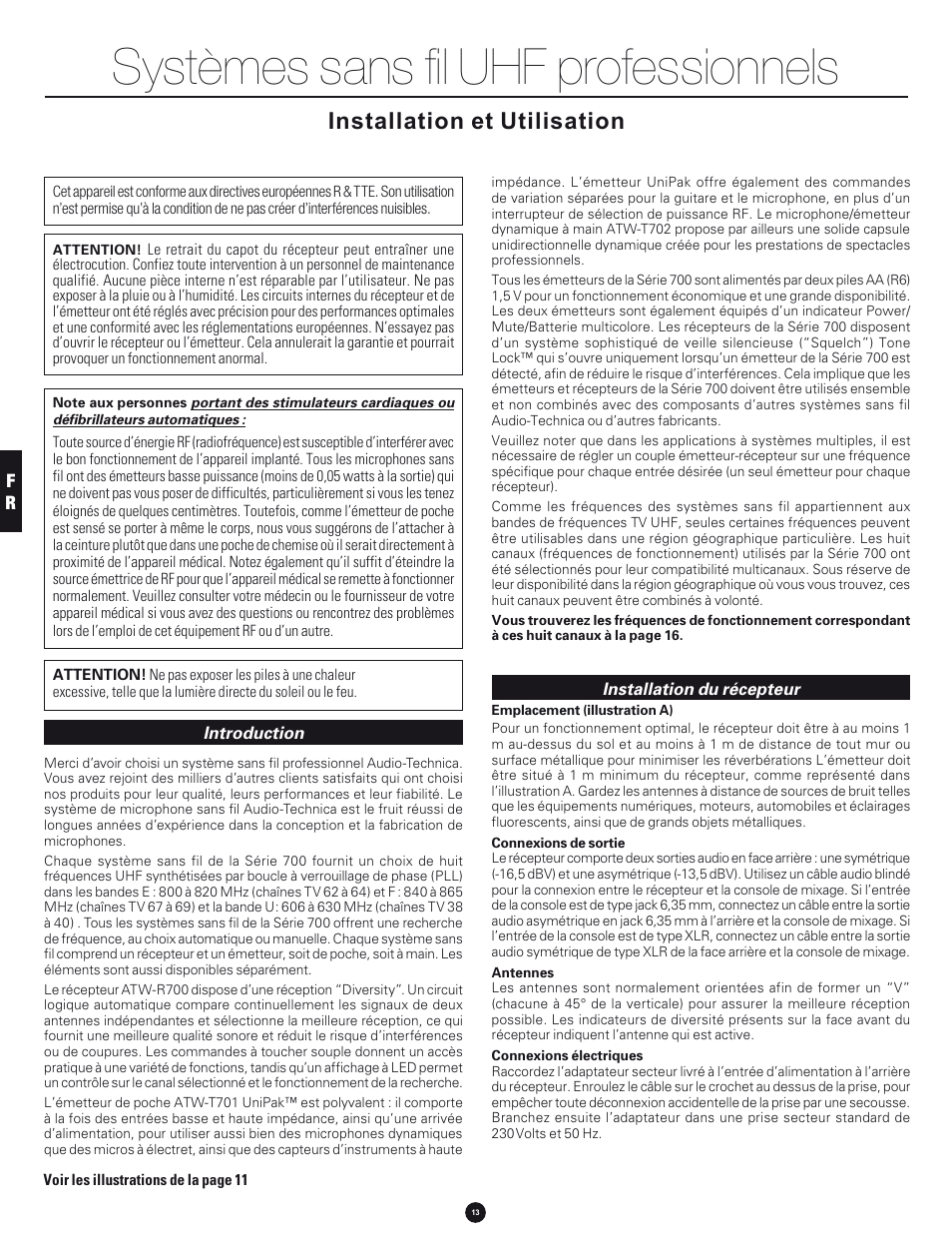 Systèmes sans fil uhf professionnels, Installation et utilisation | Audio-Technica 700 SERIES User Manual | Page 13 / 65