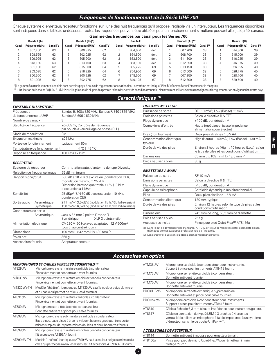 Caractéristiques, Accessoires en option, Fréquences de fonctionnement de la série uhf 700 | Audio-Technica 700 SERIES User Manual | Page 16 / 65