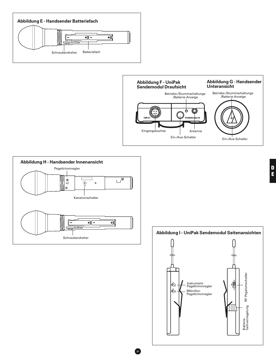 Abbildung e - handsender batteriefach, Abbildung h - handsender innenansicht, Abbildung i - unipak sendemodul seitenansichten | Audio-Technica 700 SERIES User Manual | Page 21 / 65