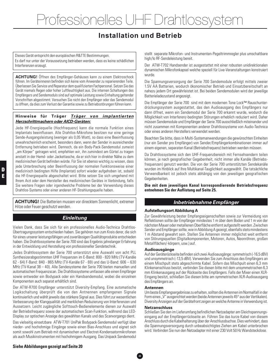 Professionelles uhf drahtlossystem, Installation und betrieb | Audio-Technica 700 SERIES User Manual | Page 22 / 65