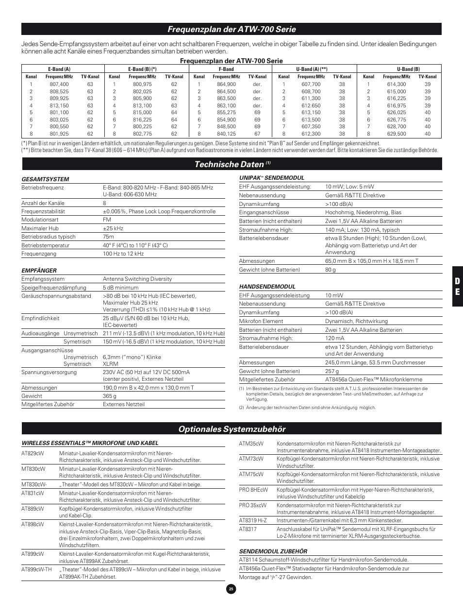 Technische daten, Optionales systemzubehör, Frequenzplan der atw-700 serie | Audio-Technica 700 SERIES User Manual | Page 25 / 65