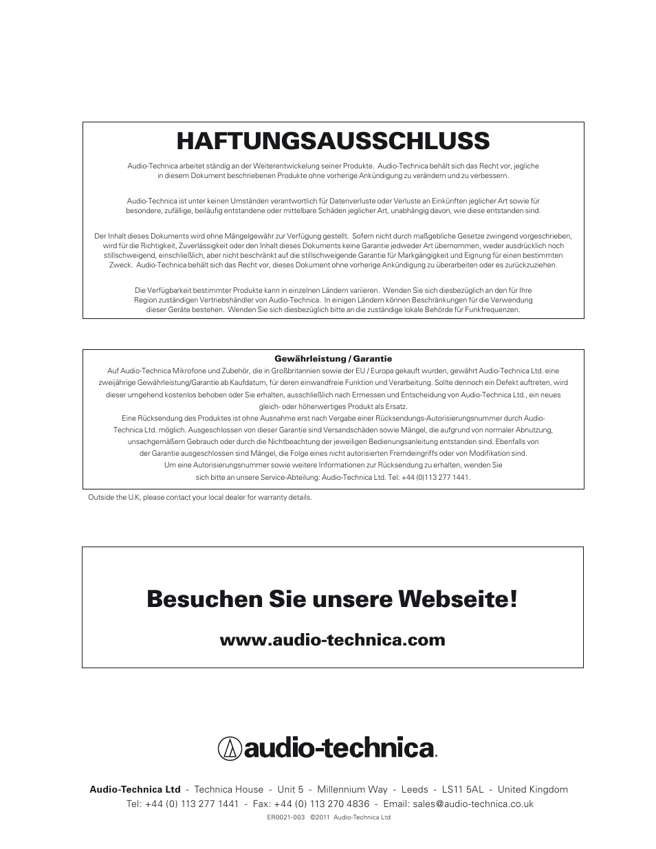 Besuchen sie unsere webseite, Haftungsausschluss | Audio-Technica 700 SERIES User Manual | Page 27 / 65