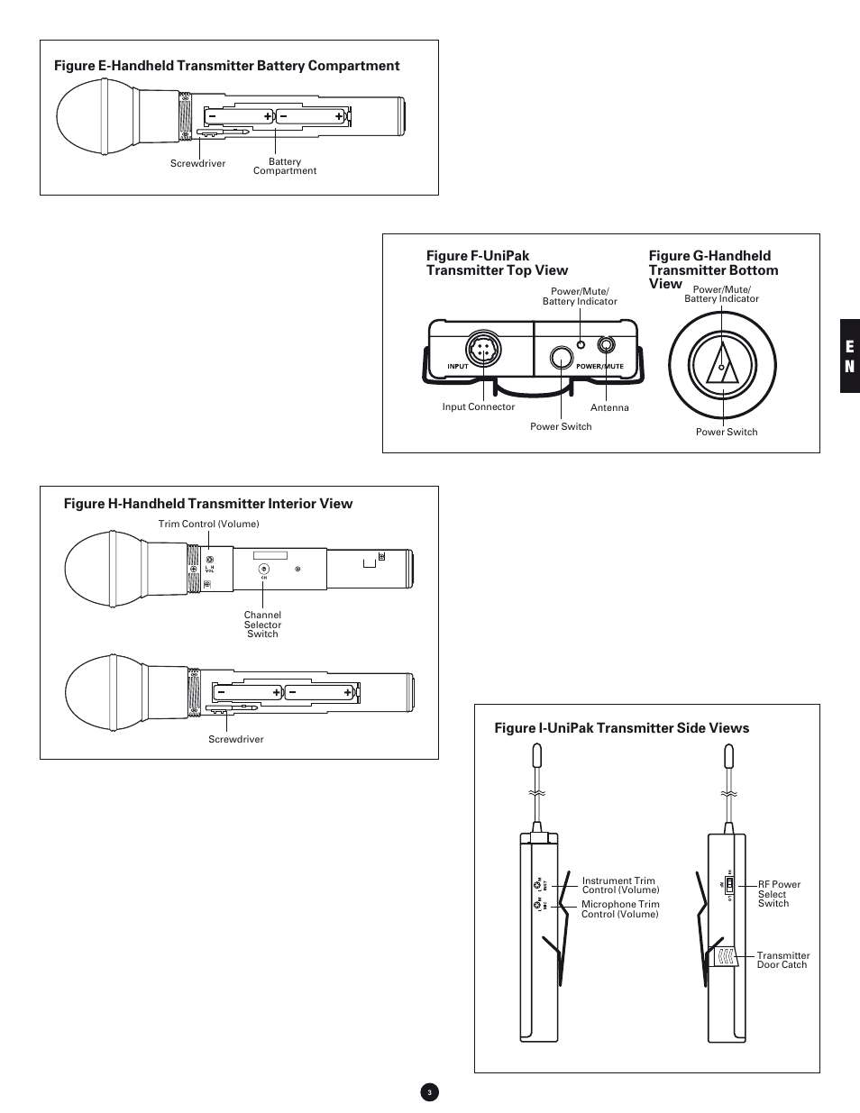 Figure e-handheld transmitter battery compartment, Figure h-handheld transmitter interior view, Figure i-unipak transmitter side views | Audio-Technica 700 SERIES User Manual | Page 3 / 65