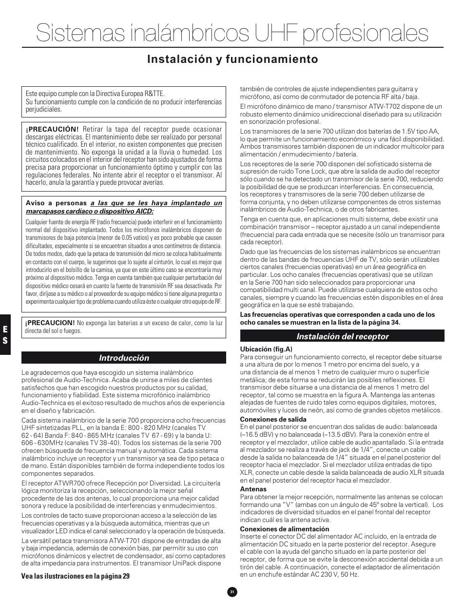 Sistemas inalámbricos uhf profesionales, Instalación y funcionamiento | Audio-Technica 700 SERIES User Manual | Page 31 / 65