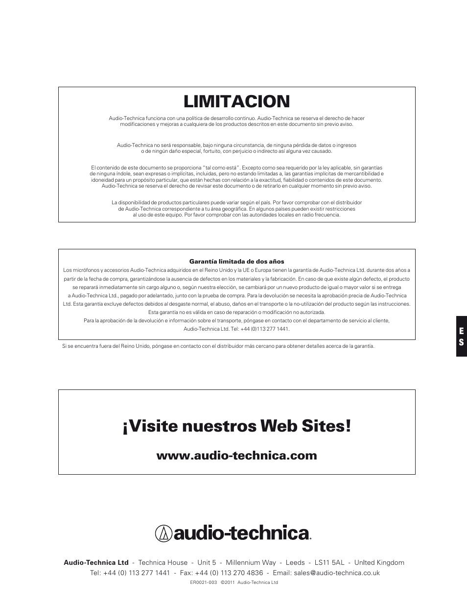 Visite nuestros web sites, Limitacion | Audio-Technica 700 SERIES User Manual | Page 36 / 65