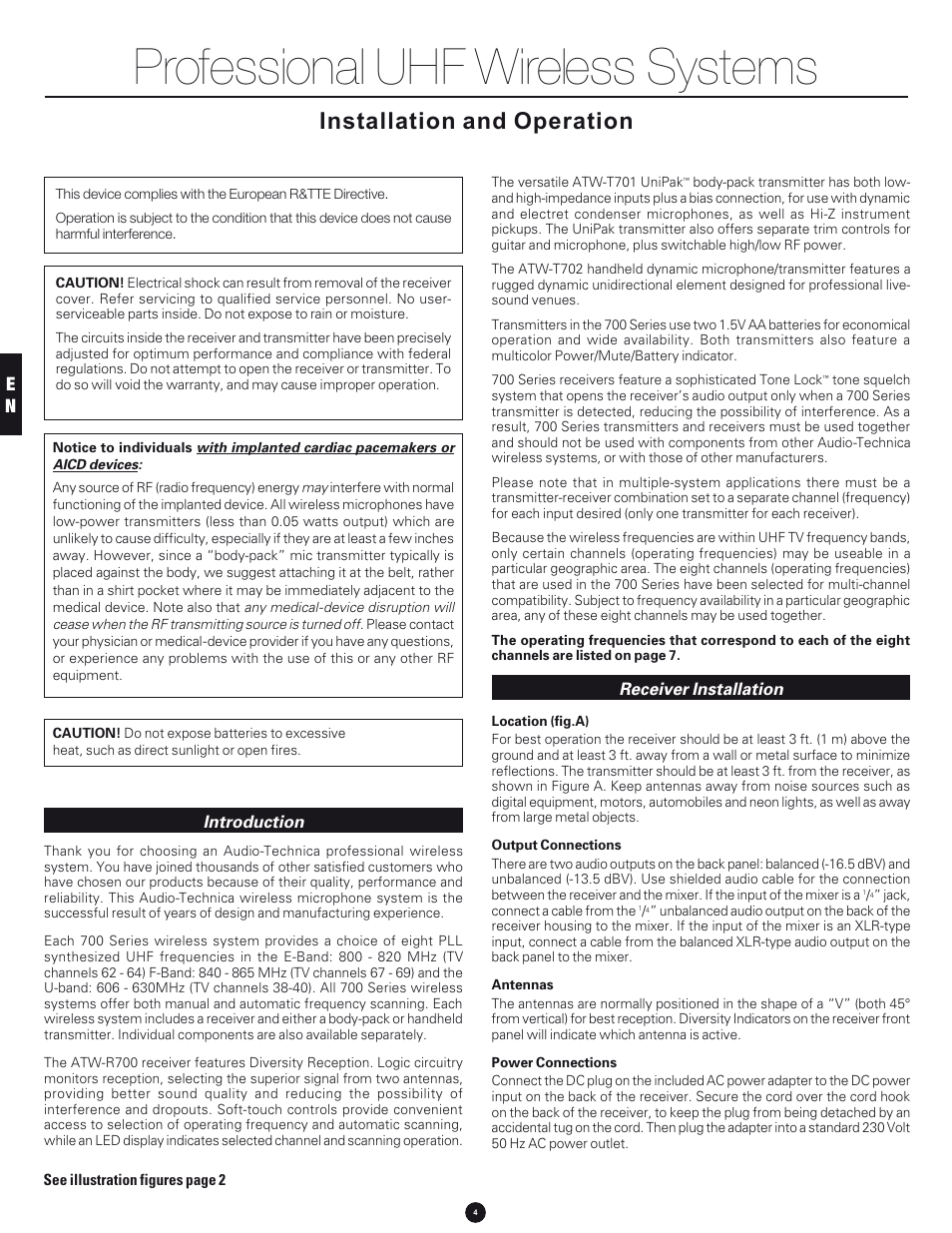 Professional uhf wireless systems, Installation and operation | Audio-Technica 700 SERIES User Manual | Page 4 / 65