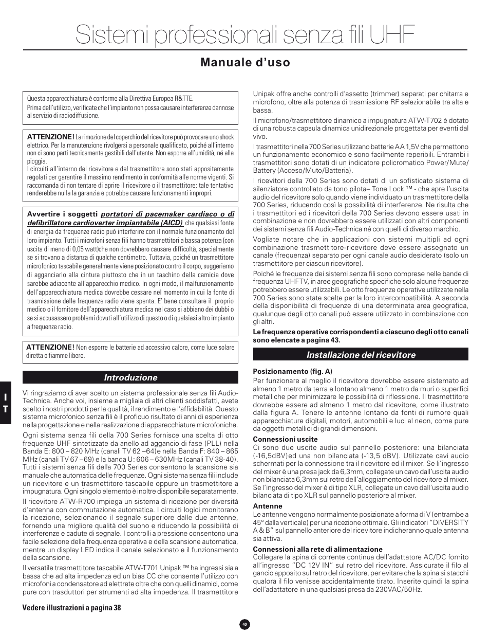 Sistemi professionali senza fili uhf, Manuale d’uso | Audio-Technica 700 SERIES User Manual | Page 40 / 65