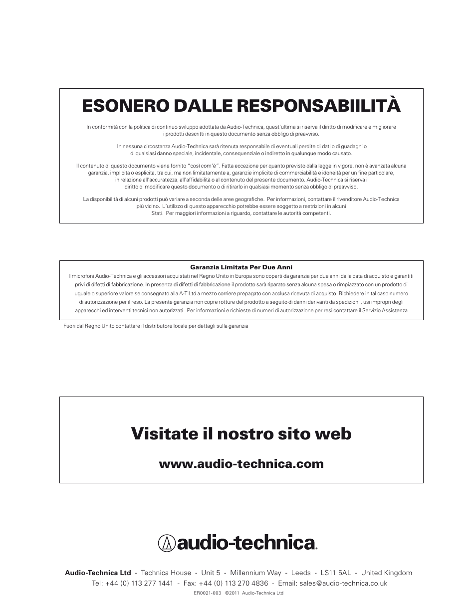 Visitate il nostro sito web, Esonero dalle responsabiilità | Audio-Technica 700 SERIES User Manual | Page 45 / 65