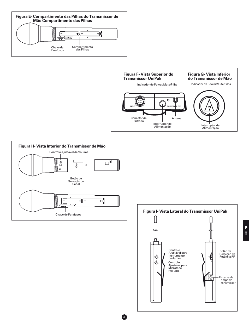 Figura h- vista interior do transmissor de mão, Figura i- vista lateral do transmissor unipak | Audio-Technica 700 SERIES User Manual | Page 48 / 65