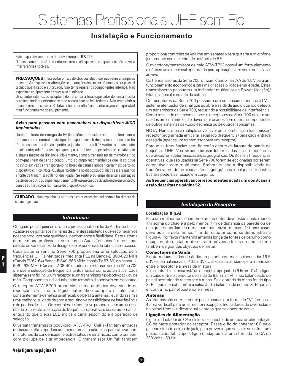 Sistemas profissionais uhf sem fio, Instalação e funcionamento | Audio-Technica 700 SERIES User Manual | Page 49 / 65