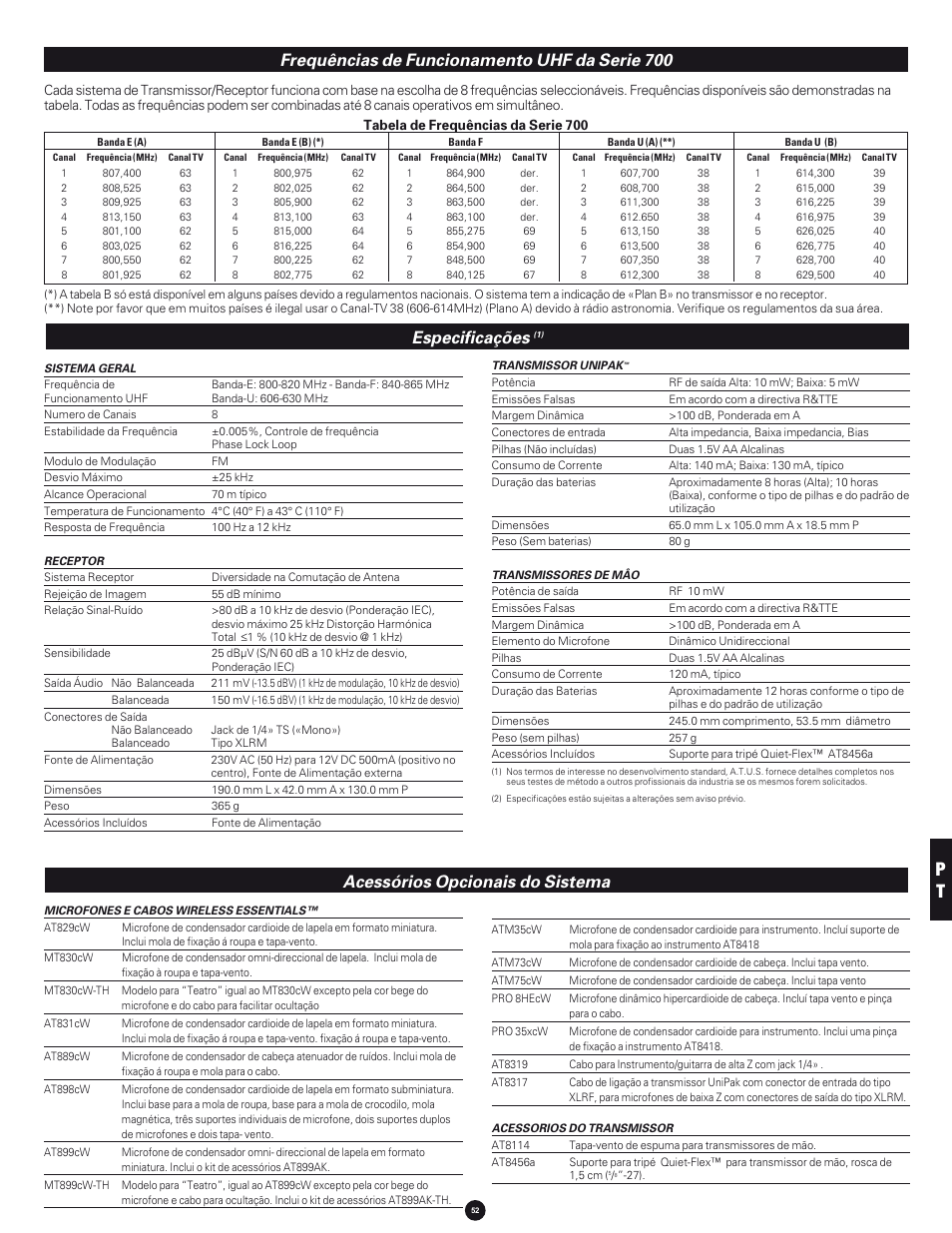 Especificações, Acessórios opcionais do sistema, Frequências de funcionamento uhf da serie 700 | Audio-Technica 700 SERIES User Manual | Page 52 / 65