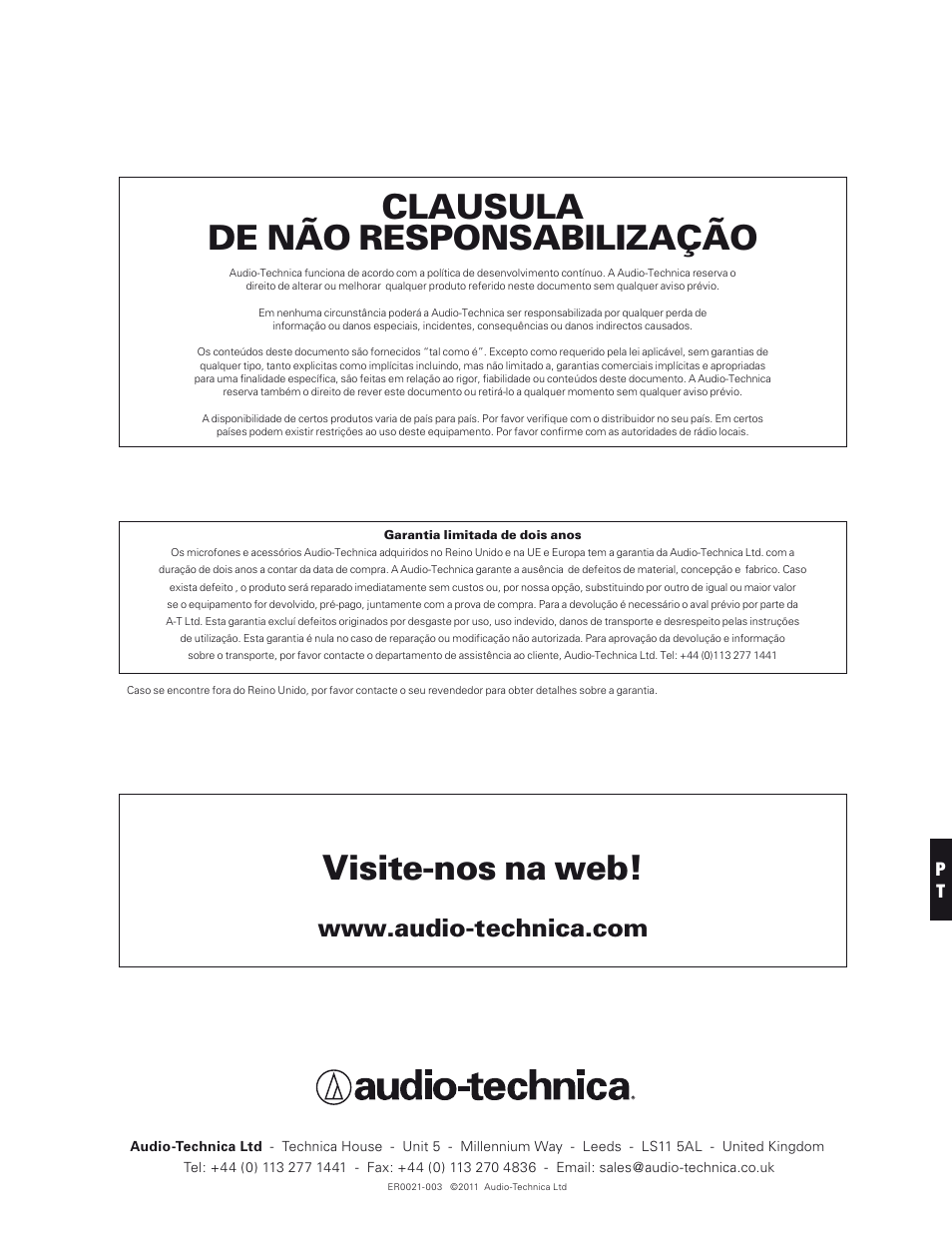 Visite-nos na web, Clausula de não responsabilização | Audio-Technica 700 SERIES User Manual | Page 54 / 65