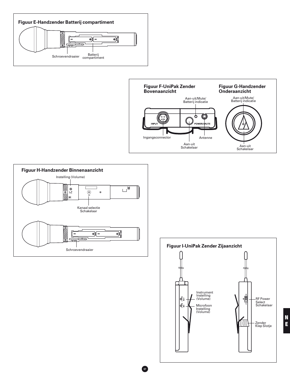 Figuur e-handzender batterij compartiment, Figuur h-handzender binnenaanzicht, Figuur i-unipak zender zijaanzicht | Audio-Technica 700 SERIES User Manual | Page 57 / 65