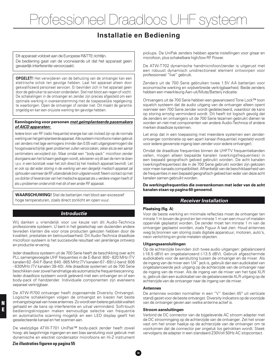 Professioneel draadloos uhf systeem, Installatie en bediening | Audio-Technica 700 SERIES User Manual | Page 58 / 65