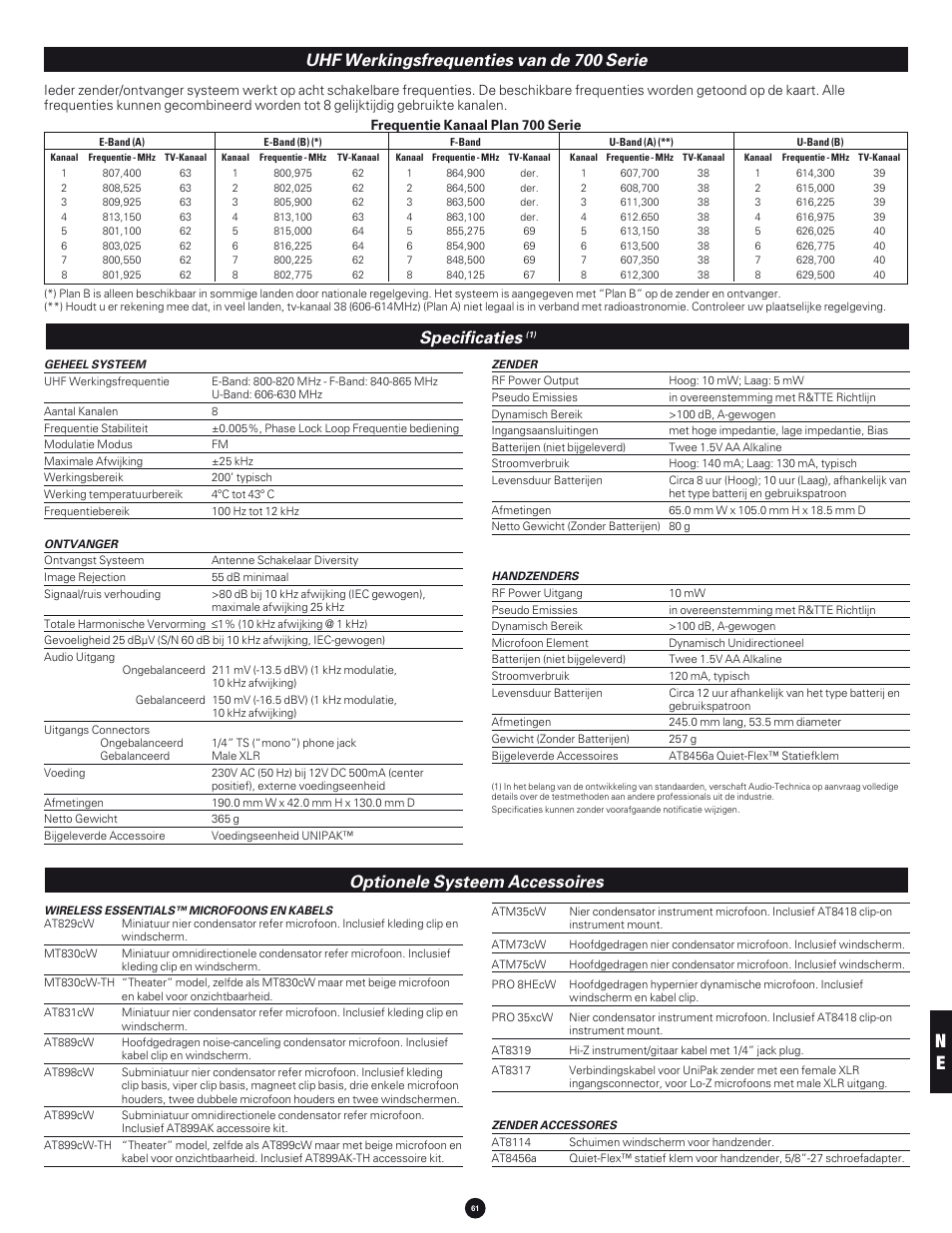 Specificaties, Optionele systeem accessoires, Uhf werkingsfrequenties van de 700 serie | Audio-Technica 700 SERIES User Manual | Page 61 / 65