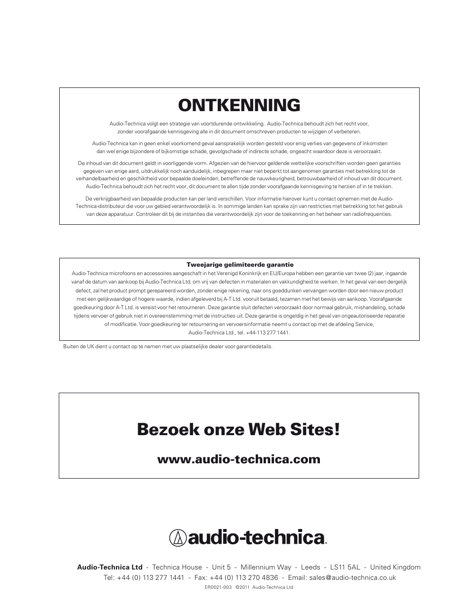 Bezoek onze web sites, Ontkenning | Audio-Technica 700 SERIES User Manual | Page 63 / 65