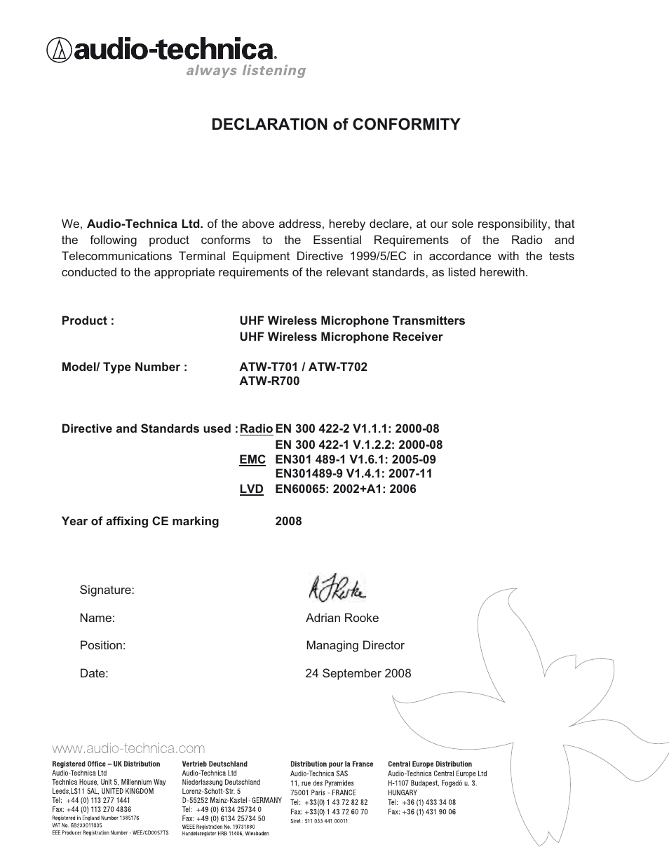 Declaration of conformity | Audio-Technica 700 SERIES User Manual | Page 64 / 65