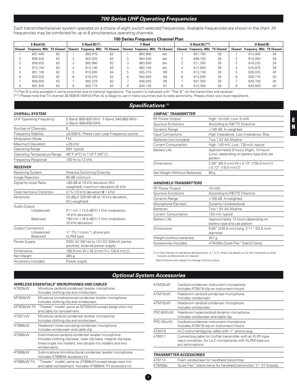 Specifications, Optional system accessories, 700 series uhf operating frequencies | Audio-Technica 700 SERIES User Manual | Page 7 / 65