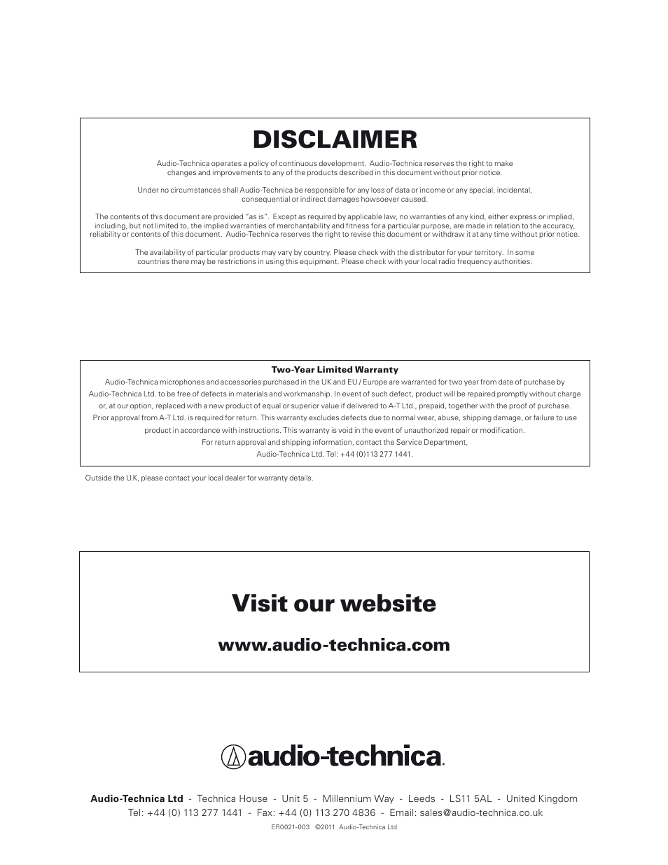 Visit our website, Disclaimer | Audio-Technica 700 SERIES User Manual | Page 9 / 65