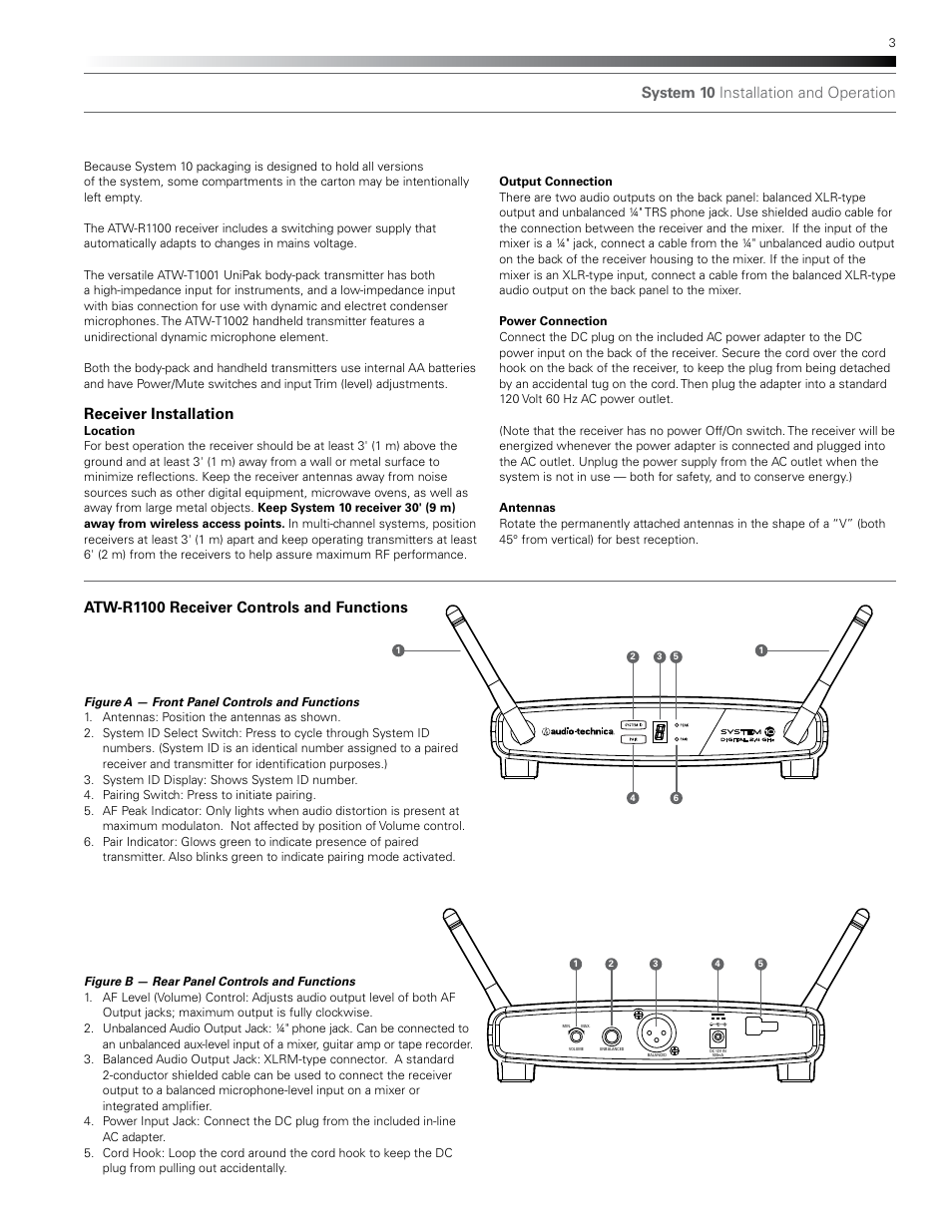 System 10 installation and operation, Receiver installation, Atw-r1100 receiver controls and functions | Audio-Technica SYSTEM 10 EN User Manual | Page 3 / 8