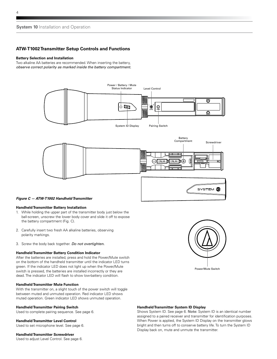 System 10 installation and operation, Atw-t1002 transmitter setup controls and functions | Audio-Technica SYSTEM 10 EN User Manual | Page 4 / 8