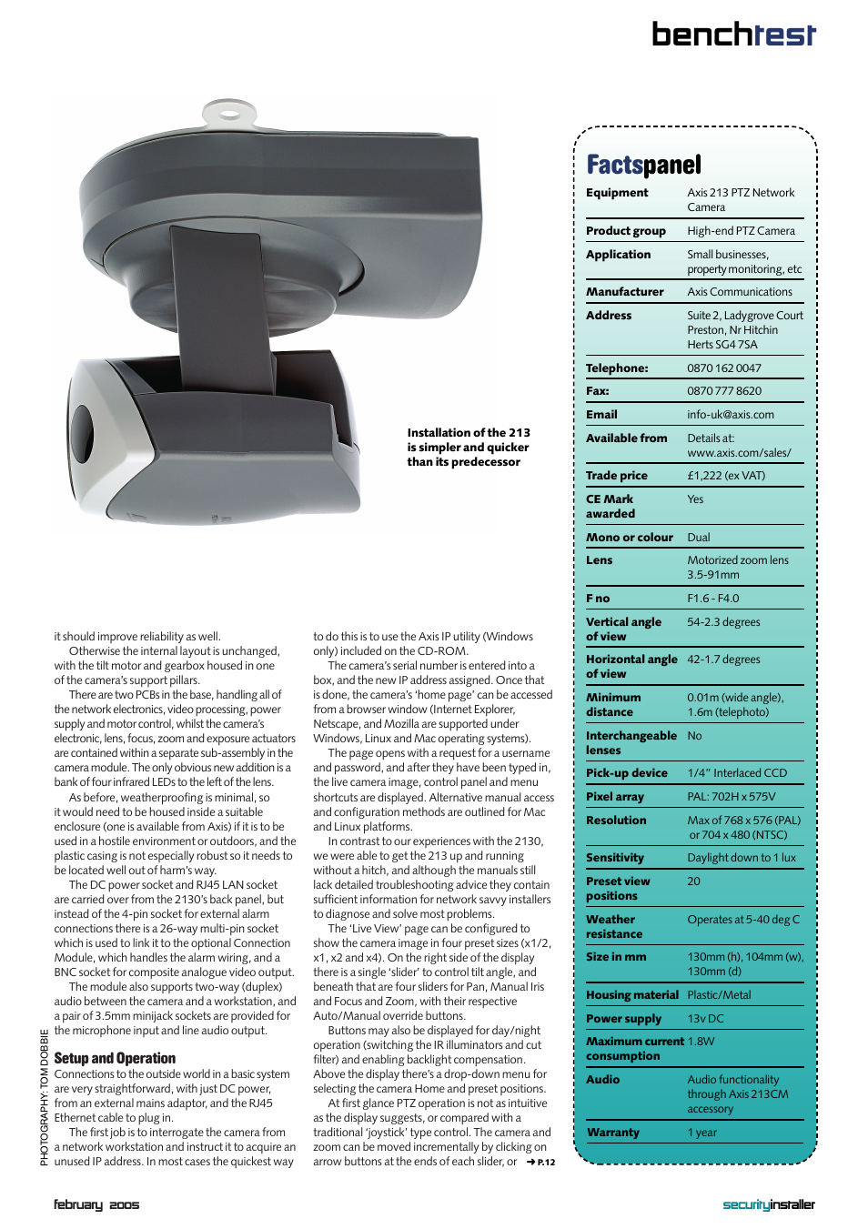 Bench test, Facts panel, Setup and operation | Axis Communications 213 PTZ User Manual | Page 2 / 3
