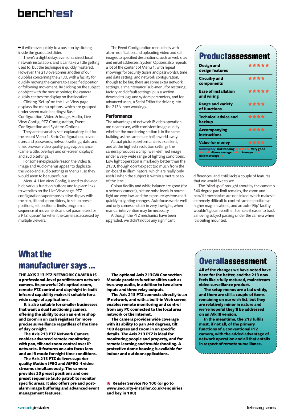 Bench test, What the manufacturer says, Overall assessment | Product assessment | Axis Communications 213 PTZ User Manual | Page 3 / 3