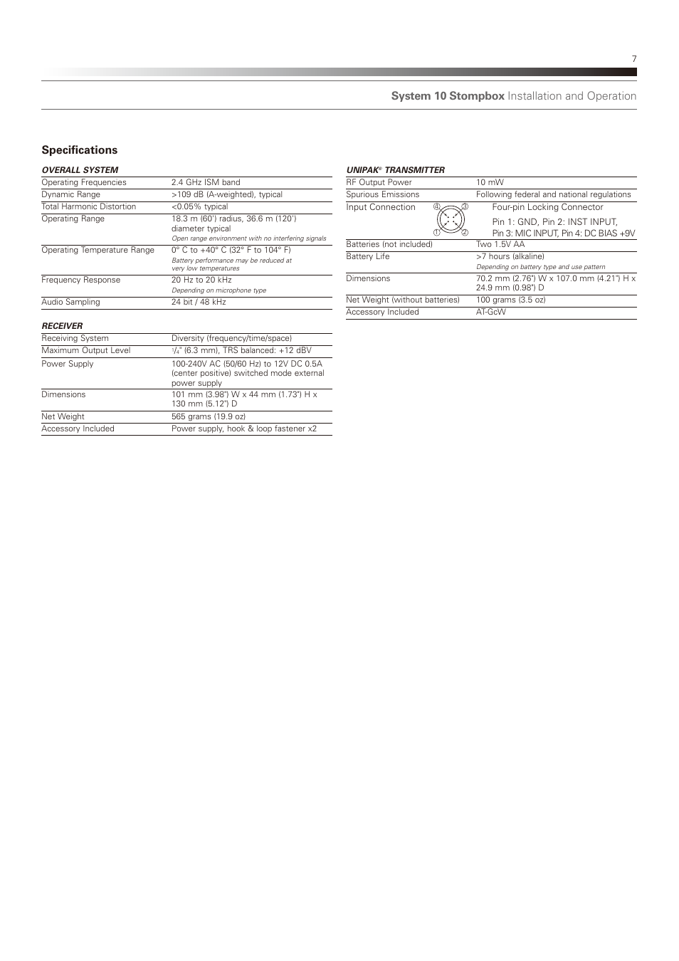 System 10 stompbox installation and operation, Specifications | Audio-Technica SYSTEM 10 STOMPBOX (ATW-1501) EN User Manual | Page 7 / 8