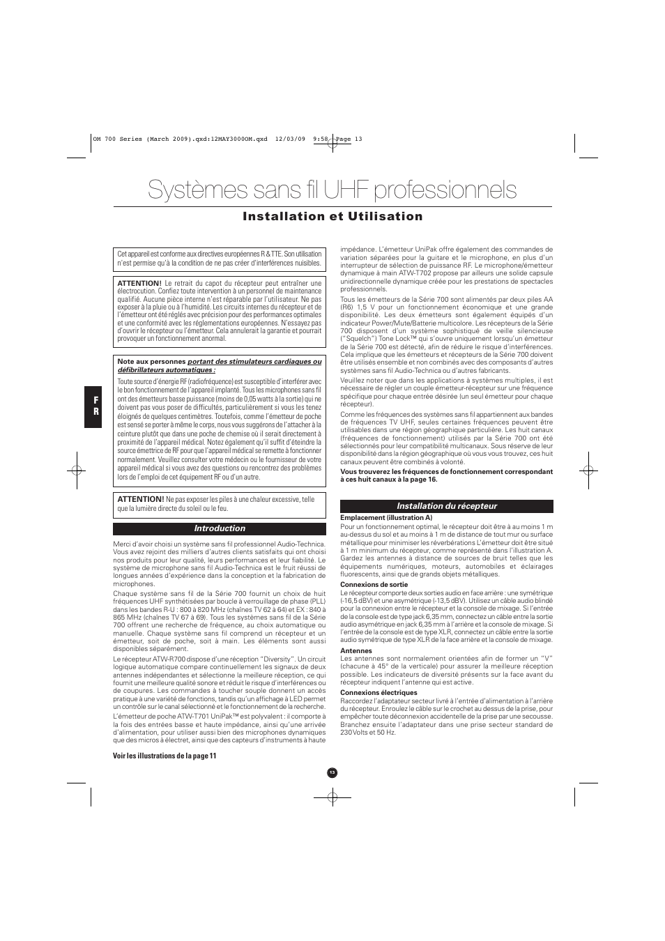 Systèmes sans fil uhf professionnels, Installation et utilisation | Audio-Technica ATW-T701 User Manual | Page 13 / 65