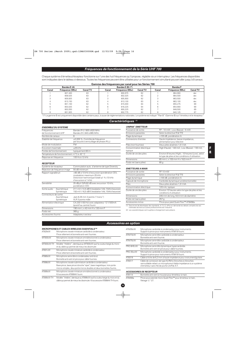 Caractéristiques, Accessoires en option, Fréquences de fonctionnement de la série uhf 700 | Audio-Technica ATW-T701 User Manual | Page 16 / 65