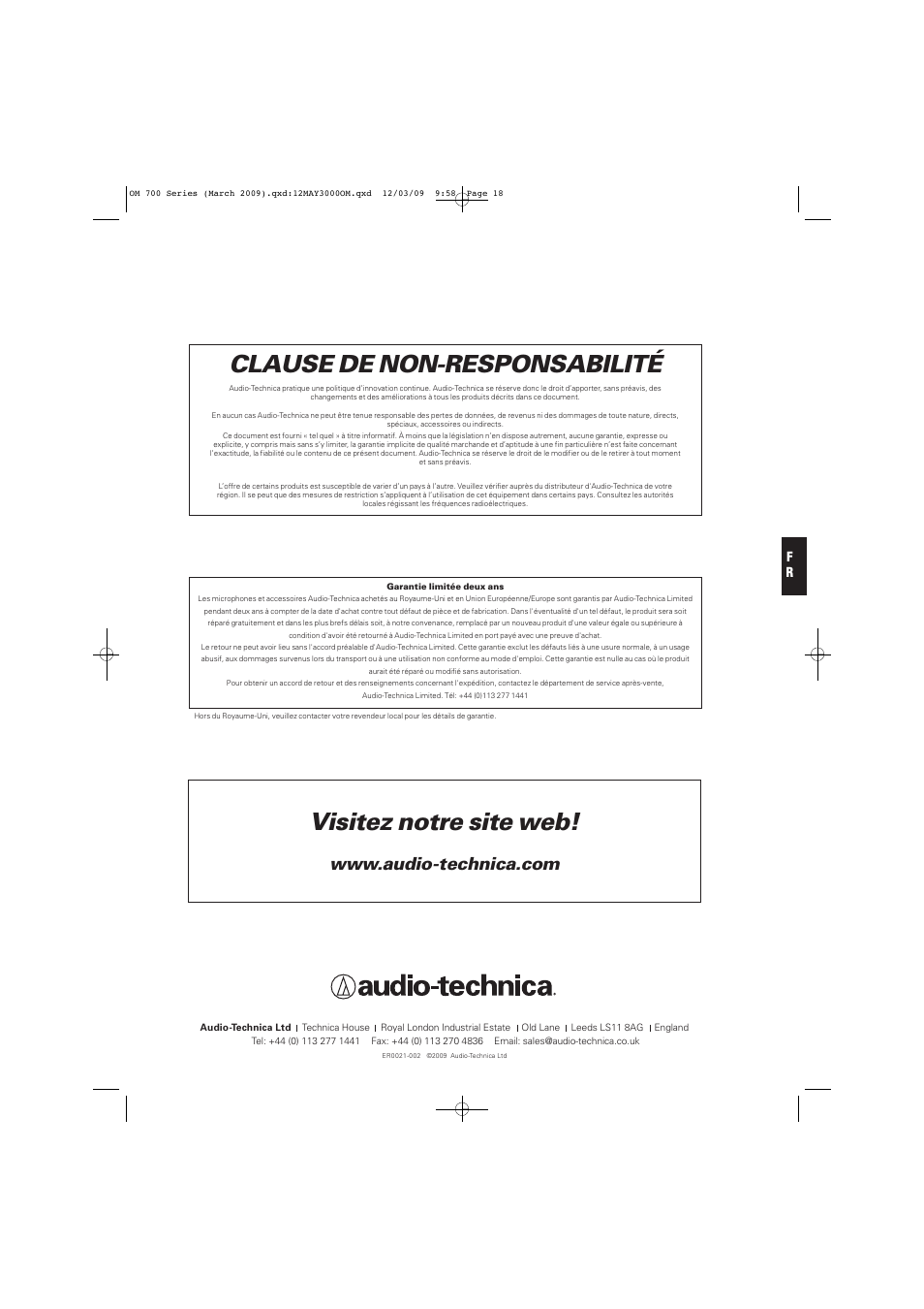 Visitez notre site web, Clause de non-responsabilité | Audio-Technica ATW-T701 User Manual | Page 18 / 65