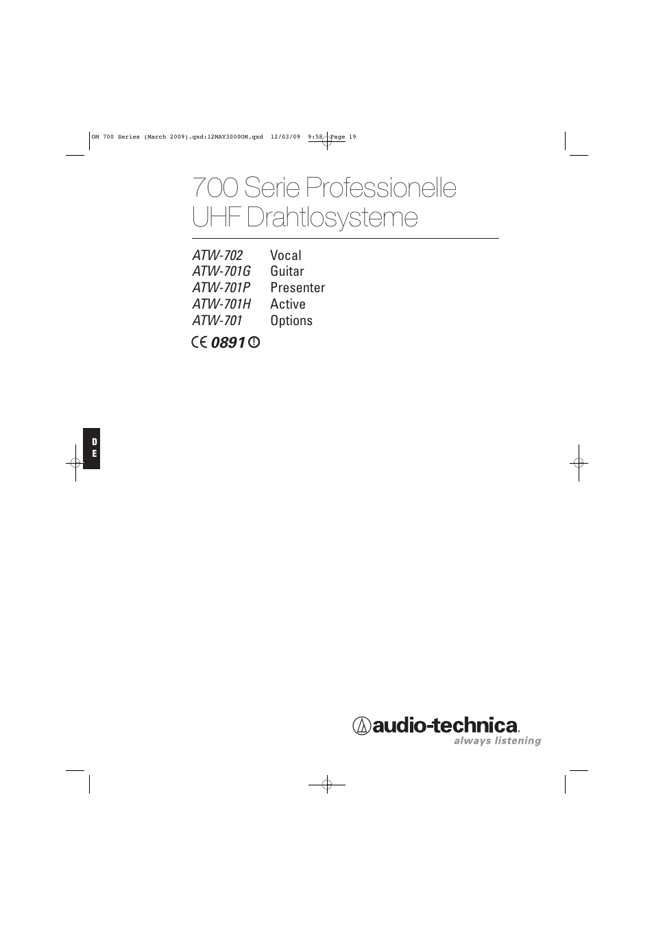 700 serie professionelle uhf drahtlosysteme | Audio-Technica ATW-T701 User Manual | Page 19 / 65