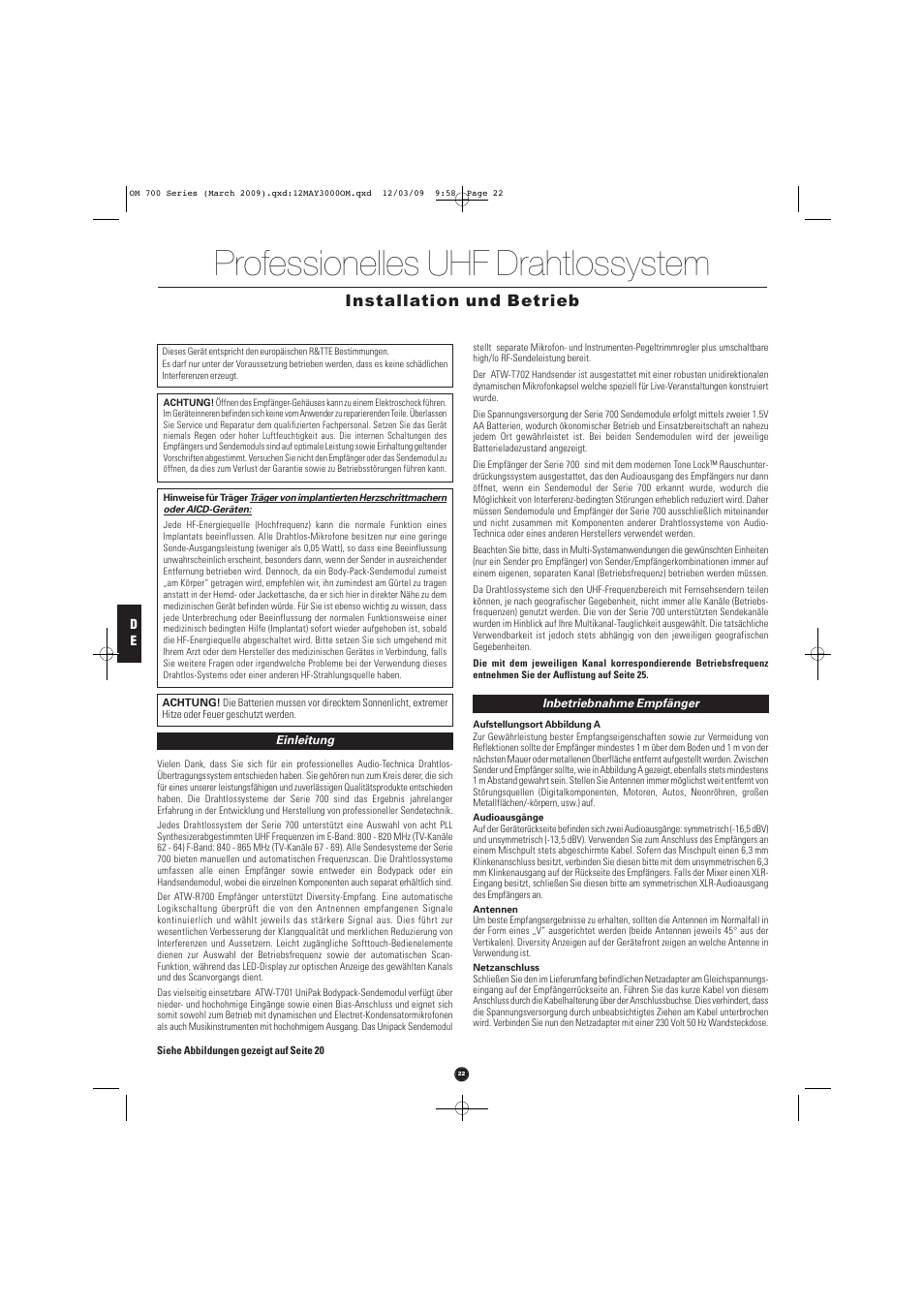 Professionelles uhf drahtlossystem, Installation und betrieb | Audio-Technica ATW-T701 User Manual | Page 22 / 65