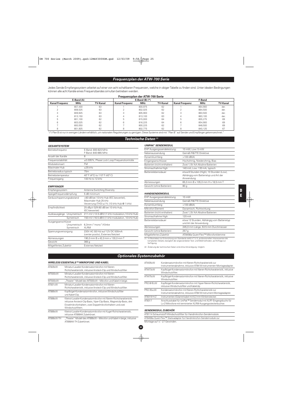 Technische daten, Optionales systemzubehör, Frequenzplan der atw-700 serie | Audio-Technica ATW-T701 User Manual | Page 25 / 65