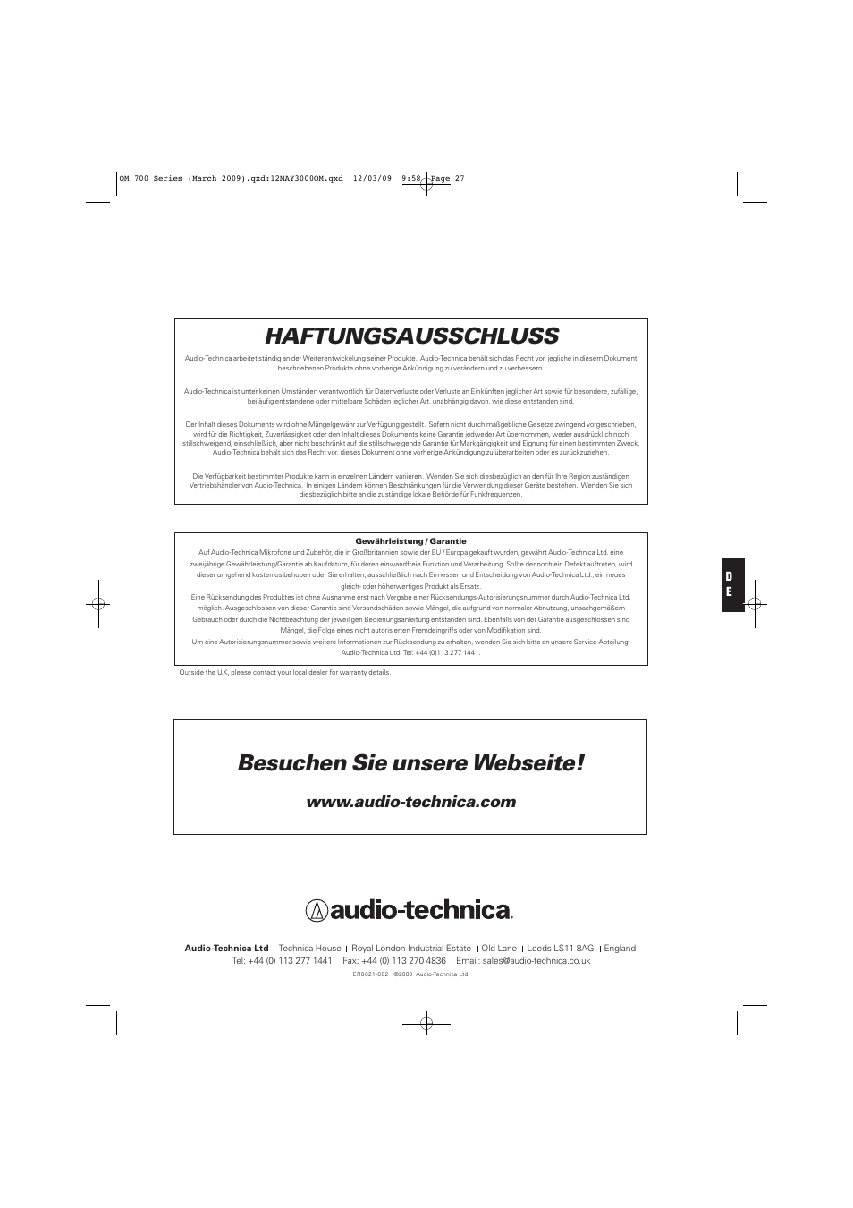 Besuchen sie unsere webseite, Haftungsausschluss | Audio-Technica ATW-T701 User Manual | Page 27 / 65