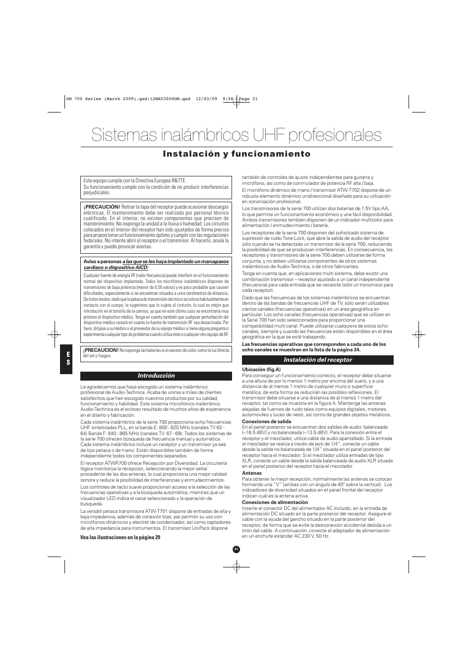 Sistemas inalámbricos uhf profesionales, Instalación y funcionamiento | Audio-Technica ATW-T701 User Manual | Page 31 / 65