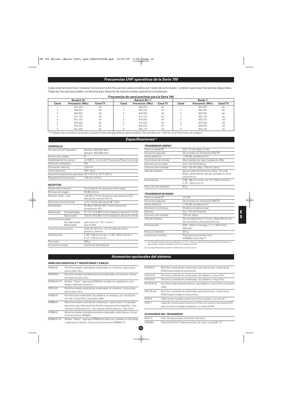 Especificaciones, Accesorios opcionales del sistema, Frecuencias uhf operativas de la serie 700 | Audio-Technica ATW-T701 User Manual | Page 34 / 65