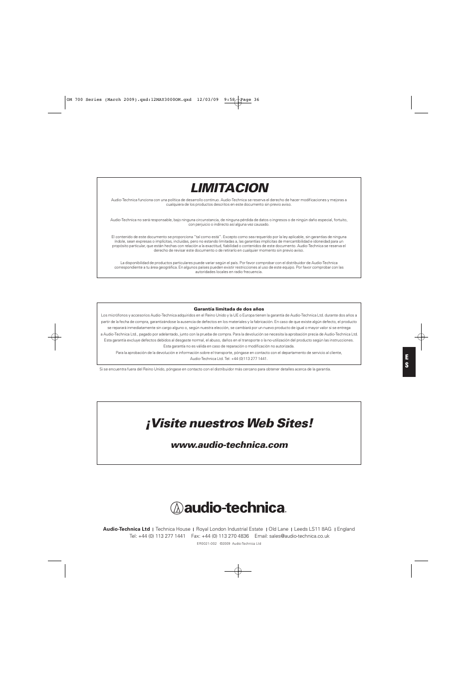 Visite nuestros web sites, Limitacion | Audio-Technica ATW-T701 User Manual | Page 36 / 65