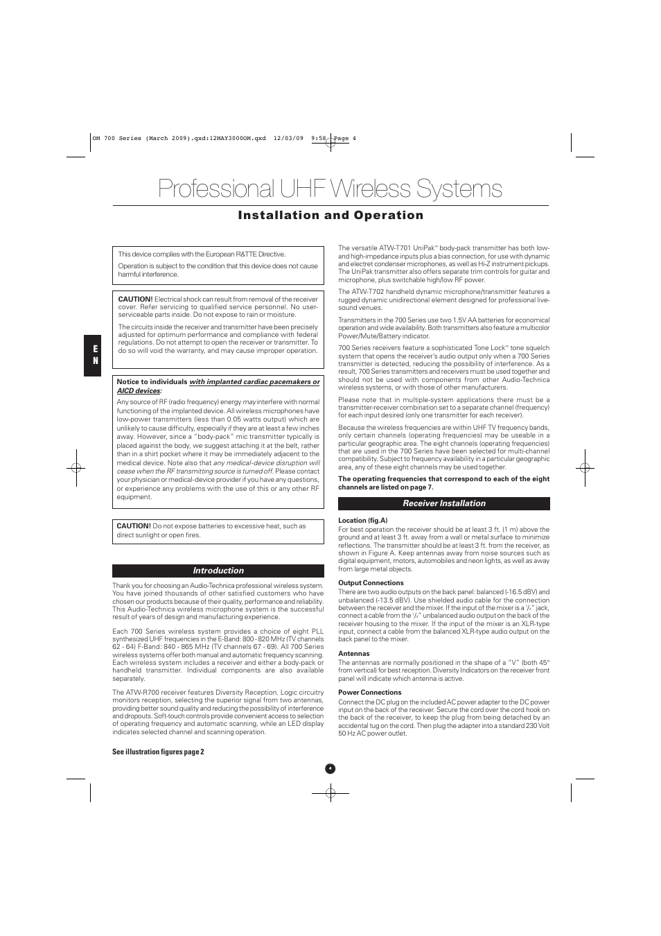 Professional uhf wireless systems, Installation and operation | Audio-Technica ATW-T701 User Manual | Page 4 / 65